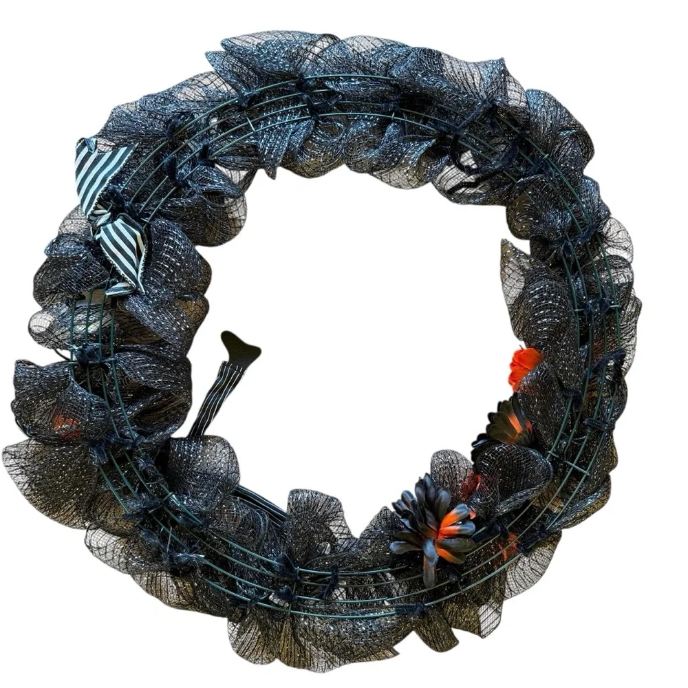Halloween Black Mesh Wreath with Jack Skellington Figurine & Orange Flowers – 22